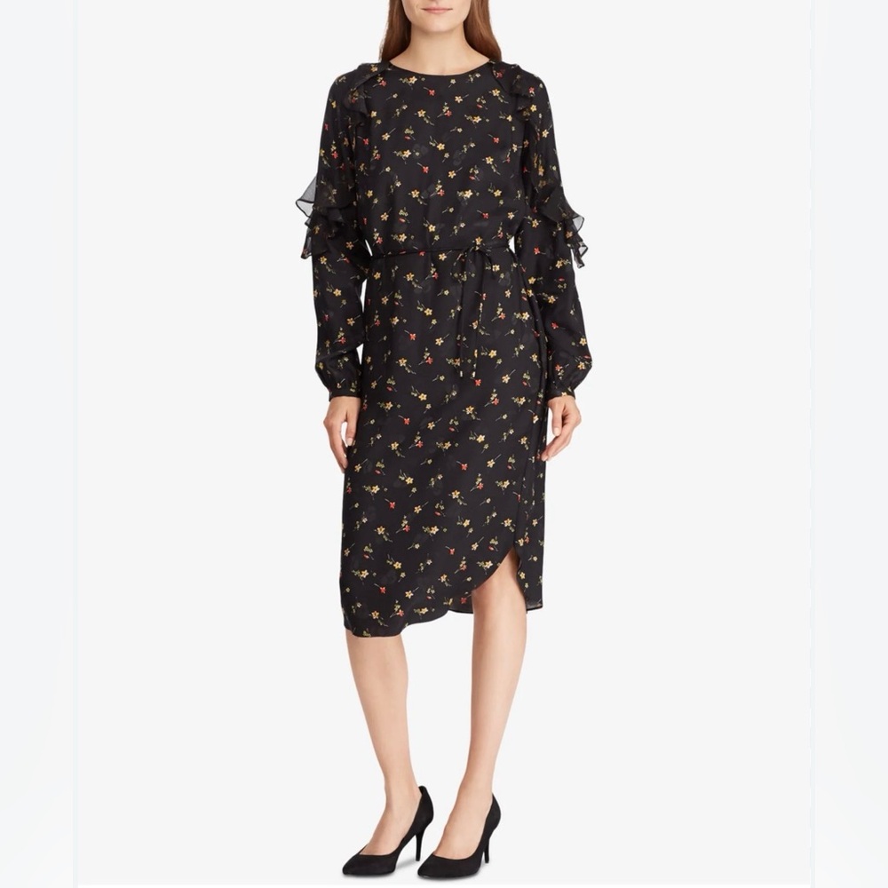 Ralph Lauren Tahiya Black Floral Long Sleeve with Ruffles Dress, Size 14
